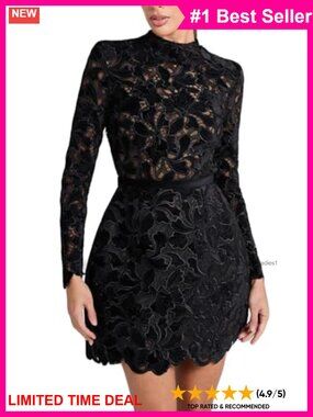 Sexy Long Sleeve Lace Crochet Hollow Bodycon Party Nightclub Dress